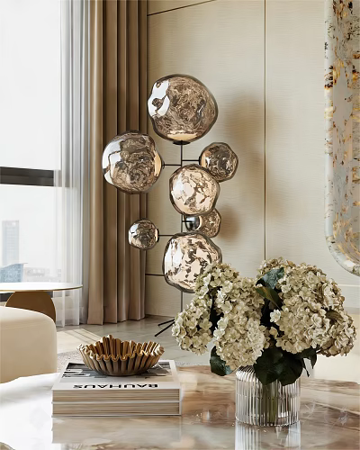Glossy Spherical Decorative Ornament Set With Metal Frame And White Hydrangea Bouquet In Modern Interior 3d model