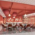 Elegant Pink Restaurant Interior With Round Pendant Lights Dining Tables And Black White Checkered Floor