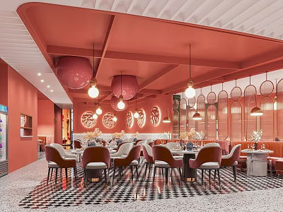 Elegant Pink Restaurant Interior With Round Pendant Lights Dining Tables And Black White Checkered Floor 3d model