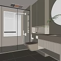 Modern Bathroom Interior With Glass Shower Wall Mounted Toilet Marble Countertop Vanity And Round Mirror
