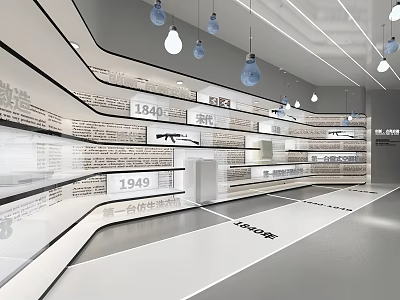 Modern Exhibition Hall With Historical Timeline Displays Display Shelves Hanging Bulbs And White Gray Interior 3d model