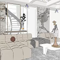 Modern Living And Dining Room With Spiral Staircase Beige Sofa Coffee Table And Artistic Wall