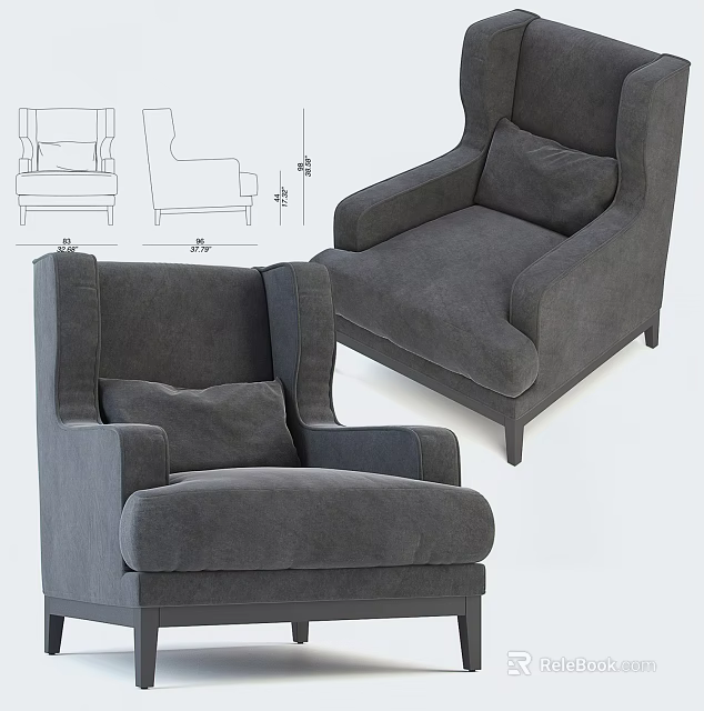 Gray Wingback Single Seater Sofa with Cushion and Detailed Design Structure 3d model