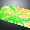Detailed 3D Terrain Model With Green Mountain Ranges River And White Marker