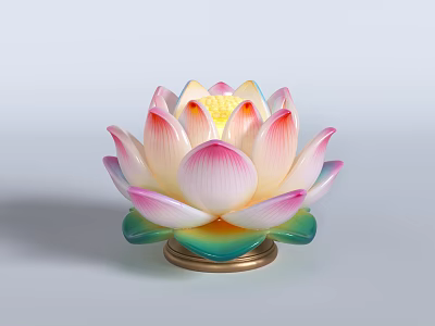 Colorful Lotus Lantern With Pink White Petals Yellow Center Green Leaves Golden Base 3d model