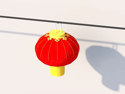 Red Lantern With Yellow Top And Bottom Gold Decorations Hanging On Black Pole 3d model