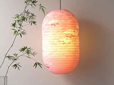 Pink Lantern With Floral Pattern Hanging By Bamboo Branch On Indoor Wall 3d model