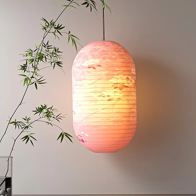 Pink Lantern With Floral Pattern Hanging By Bamboo Branch On Indoor Wall 3d model