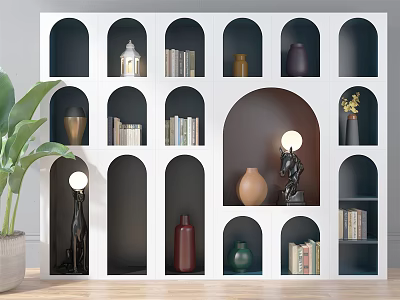Modern Bookcase Interior Design With Books Vases Decorative Lamps And Potted Plant 3d model