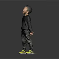 Child In Black Sweater Camouflage Pants Yellow Shoes Open Mouth Outstretched Hands Gray Background