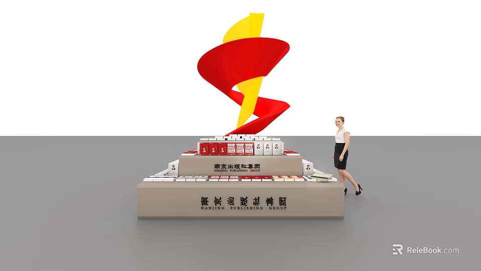 Display Shelves Featuring Urban Planning Model With Red Yellow Decorative Elements And Female Figure 3d model 