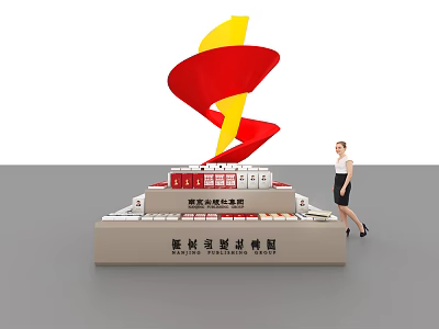 Display Shelves Featuring Urban Planning Model With Red Yellow Decorative Elements And Female Figure 3d model