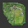 Cartoon Scene of Green Park with Lush Trees Open Grassland and Small Buildings