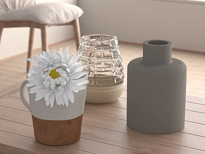 Stylish Cup With White Daisy And Brown Base On Wooden Table With Woven Gray Vases 3d model
