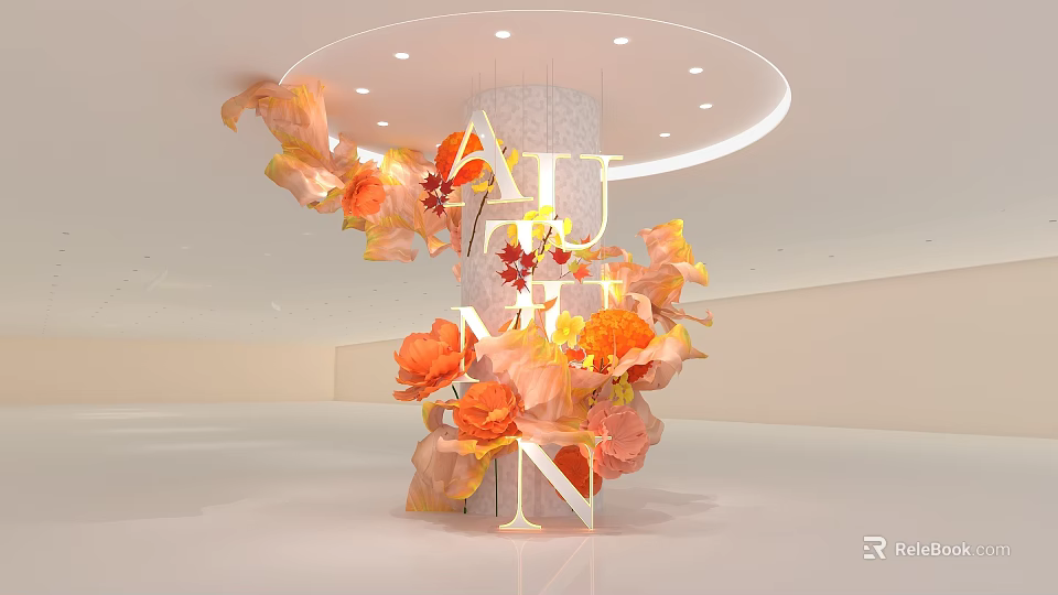 Autumn Themed Floral Installation With Orange Flowers Leaves Column And Letter Decor 3d model 