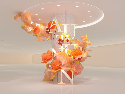 Autumn Themed Floral Installation With Orange Flowers Leaves Column And Letter Decor 3d model
