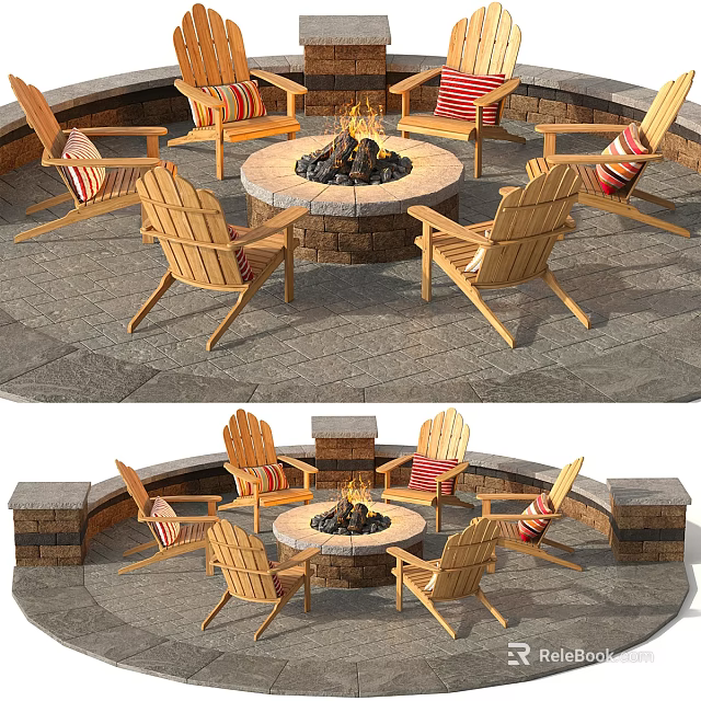 Outdoor Garden Feature With Circular Fire Pit Wooden Chairs Striped Cushions And Stone Patio 3d model 