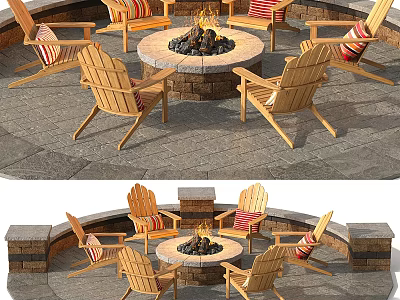 Outdoor Garden Feature With Circular Fire Pit Wooden Chairs Striped Cushions And Stone Patio 3d model