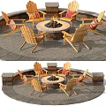Outdoor Garden Feature With Circular Fire Pit Wooden Chairs Striped Cushions And Stone Patio