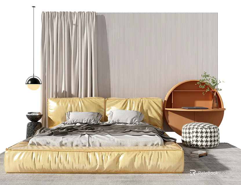 Golden Leather Double Bed With Gray Bedding Vertical Striped Wall Wooden Side Table And Plant 3d model 