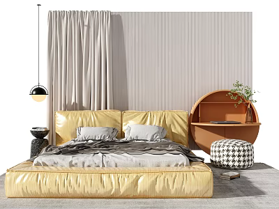Golden Leather Double Bed With Gray Bedding Vertical Striped Wall Wooden Side Table And Plant 3d model