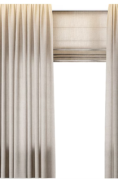 Beige Curtain Panels With Elegant Drapes And Roman Blind In Modern Interior 3d model