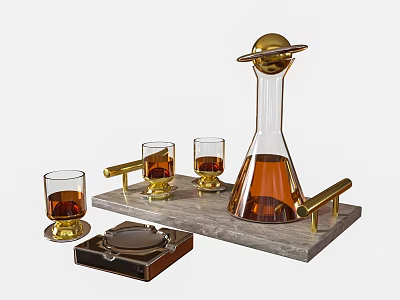 Wine Decanter and Glasses on Marble Tray with Golden Accents Amber Liquid and Ashtray 3d model