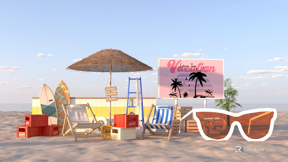 Beach Vacation Setup With Straw Umbrella Surfboards Chairs Sunglasses And Palm Sign 3d model 