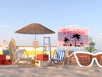 Beach Vacation Setup With Straw Umbrella Surfboards Chairs Sunglasses And Palm Sign 3d model