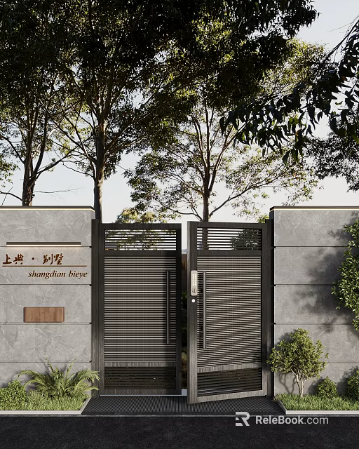 Modern Residential Gate With Stone Walls Metal Grilles And Greenery 3d model 