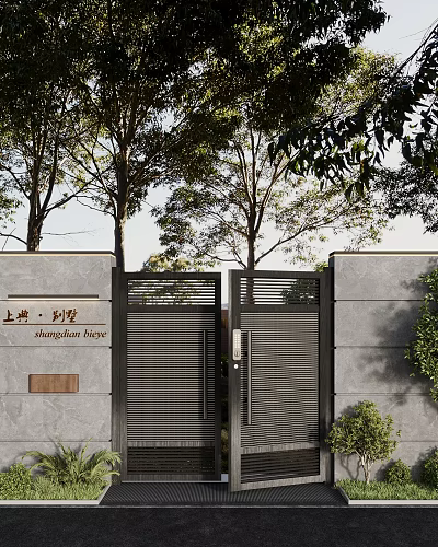 Modern Residential Gate With Stone Walls Metal Grilles And Greenery 3d model