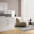Modern Office Interior With White Bookcase Green Handles Beige Chair And Gray Rug