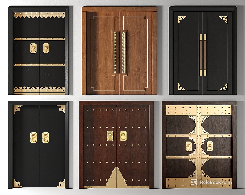 Elegant Double Doors In Various Styles With Brass Accents And Wooden Details 3d model 