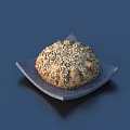 Fresh Round Bread Topped With Seeds Served On Black Square Plate 3d model