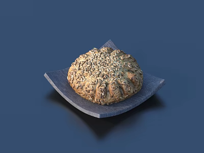 Fresh Round Bread Topped With Seeds Served On Black Square Plate 3d model