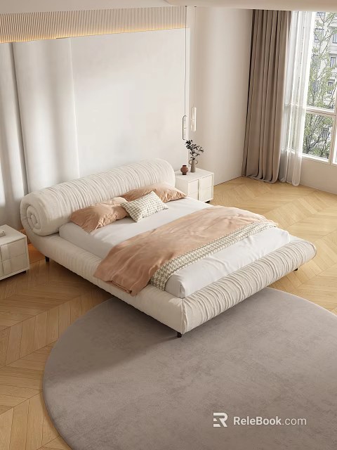 Modern Beige Double Bed with Pillows and Blanket and Nightstands Near Window on Wooden Floor 3d model 