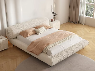 Modern Beige Double Bed with Pillows and Blanket and Nightstands Near Window on Wooden Floor 3d model