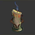 Burning Candle With Melting Wax And Decorative Holder Featuring Flame And Smoke