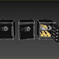 Three Black Security Lockers With Open Door Showing Gold Bars Inside