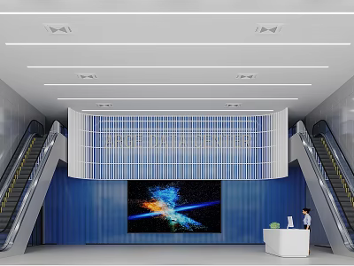 Modern Shopping Mall Lobby With Escalators Large Digital Screen Reception Desk And Blue Walls 3d model