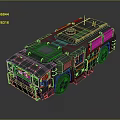 Dark Military Vehicle With Orange Stripes Roof Equipment And Multiple Wheels 3D Rendering