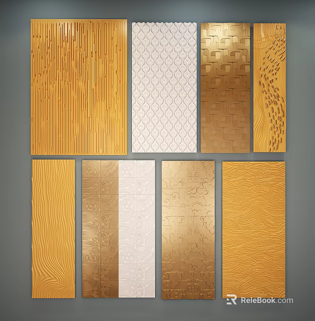 Decorative Wall Panels With Golden Beige Textures Modern Geometric And Wood Grain Designs 3d model 