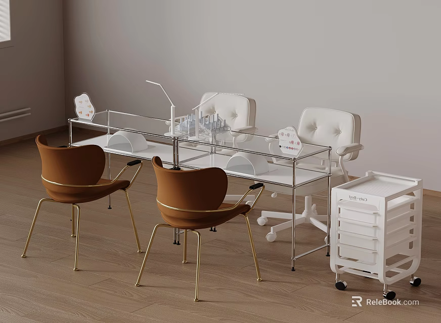 Modern Vanity Table Design With Glass Surface Chairs And White Storage Cart 3d model 