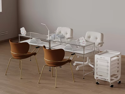 Modern Vanity Table Design With Glass Surface Chairs And White Storage Cart 3d model