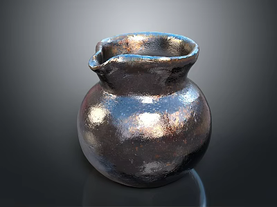 Handcrafted Metallic Pottery Jar Sculpture Carving With Rounded Body And Small Spout 3d model