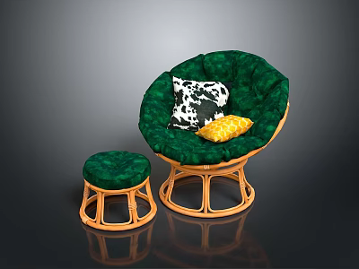 Green Rattan Chair With Matching Ottoman And Soft Decorative Upholstered Cushions 3d model