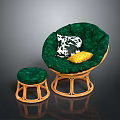Green Rattan Chair With Matching Ottoman And Soft Decorative Upholstered Cushions