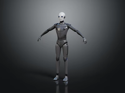 Humanoid Robot Mechanical Character With White Head Black Body Joints And Dark Background 3d model