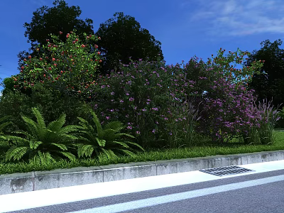 Purple Flowering Bushes With Green Ferns In Grass Area By Concrete Edge Under Blue Sky 3d model