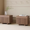 Wooden Bedside Tables With Ribbed Design Green Plant Vase And Books Near Window